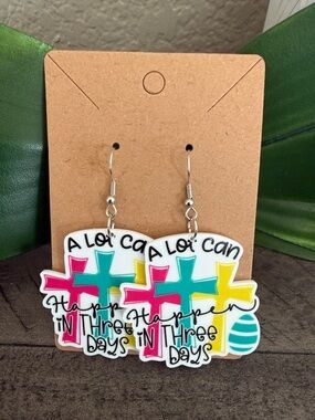 Hand Crafted Pink Teal Yellow Cross Earrings